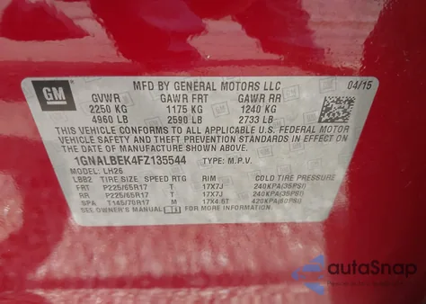 2015 Chevrolet Equinox 1Lt from USA, damaged, VIN 1GNALBEK4FZ135544